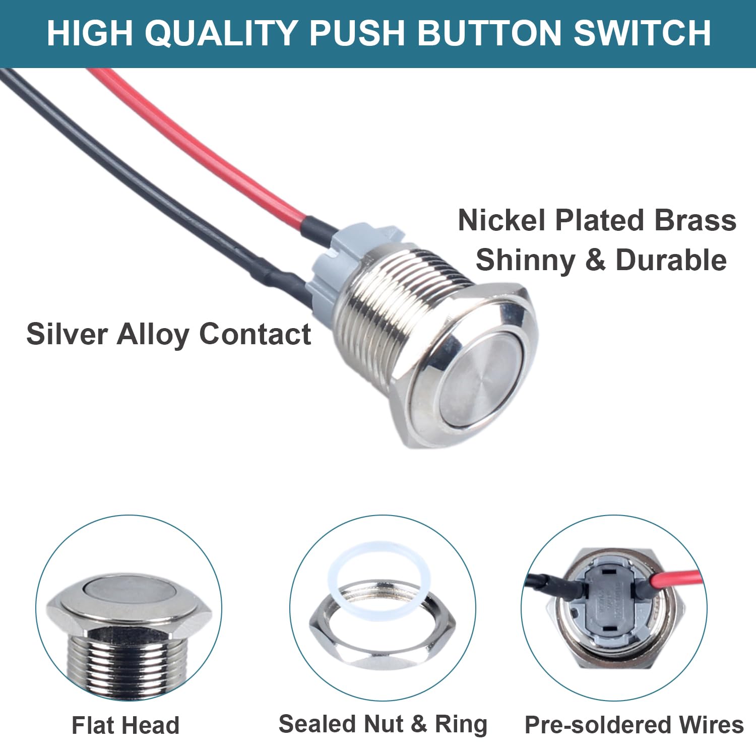 5pcs 16mm Latching Metal Push Button Switch with Pre-soldered Cable 1NO 12V 24V 36V 110V 250V Waterproof IP66 Without LED (Silver Flat Head)