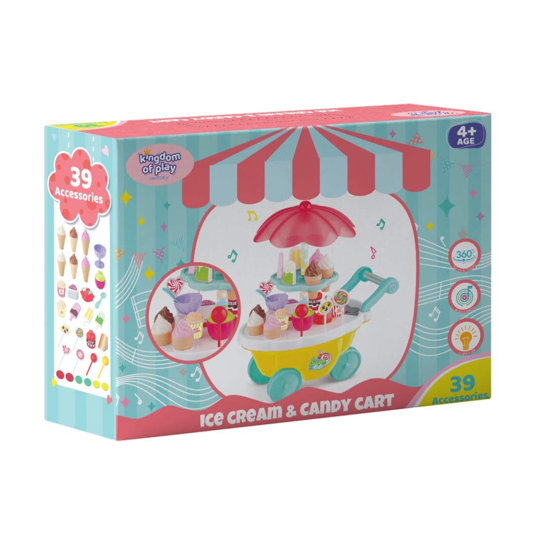 Kingdom of Play Ice Cream & Candy Cart β Pretend Play Dessert Trolley Set for Kids | Colorful Roleplay Kitchen Toy with Sweets, Cones & Trolley | Age 3+ 1