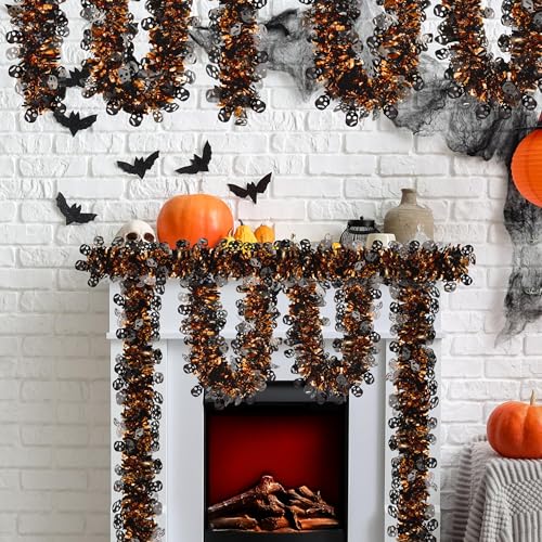 Image of 50 Ft Halloween Tinsel Garland Glitter Tinsel Garlands with Black Skull Thick Glittering Metallic Twist Garland for Halloween Indoor Outdoor Party Decorations