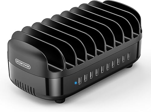 Estación de carga de 10 puertos para múltiples dispositivos, organizador de estación de carga de 120 W, base de carga USB con ventilador de