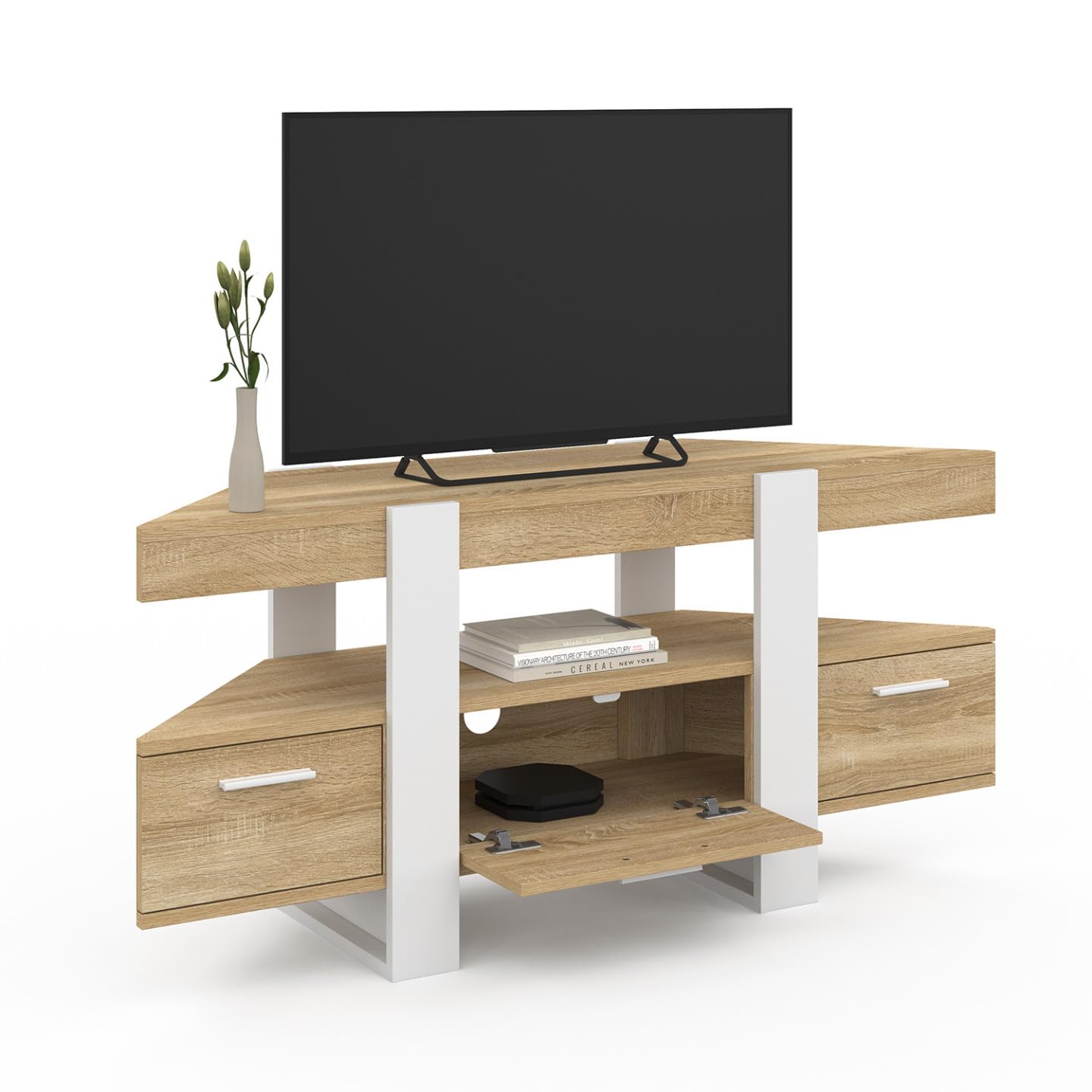 IDMarket - Meuble TV 110 cm d'angle Phoenix avec tiroir Bois et Blanc