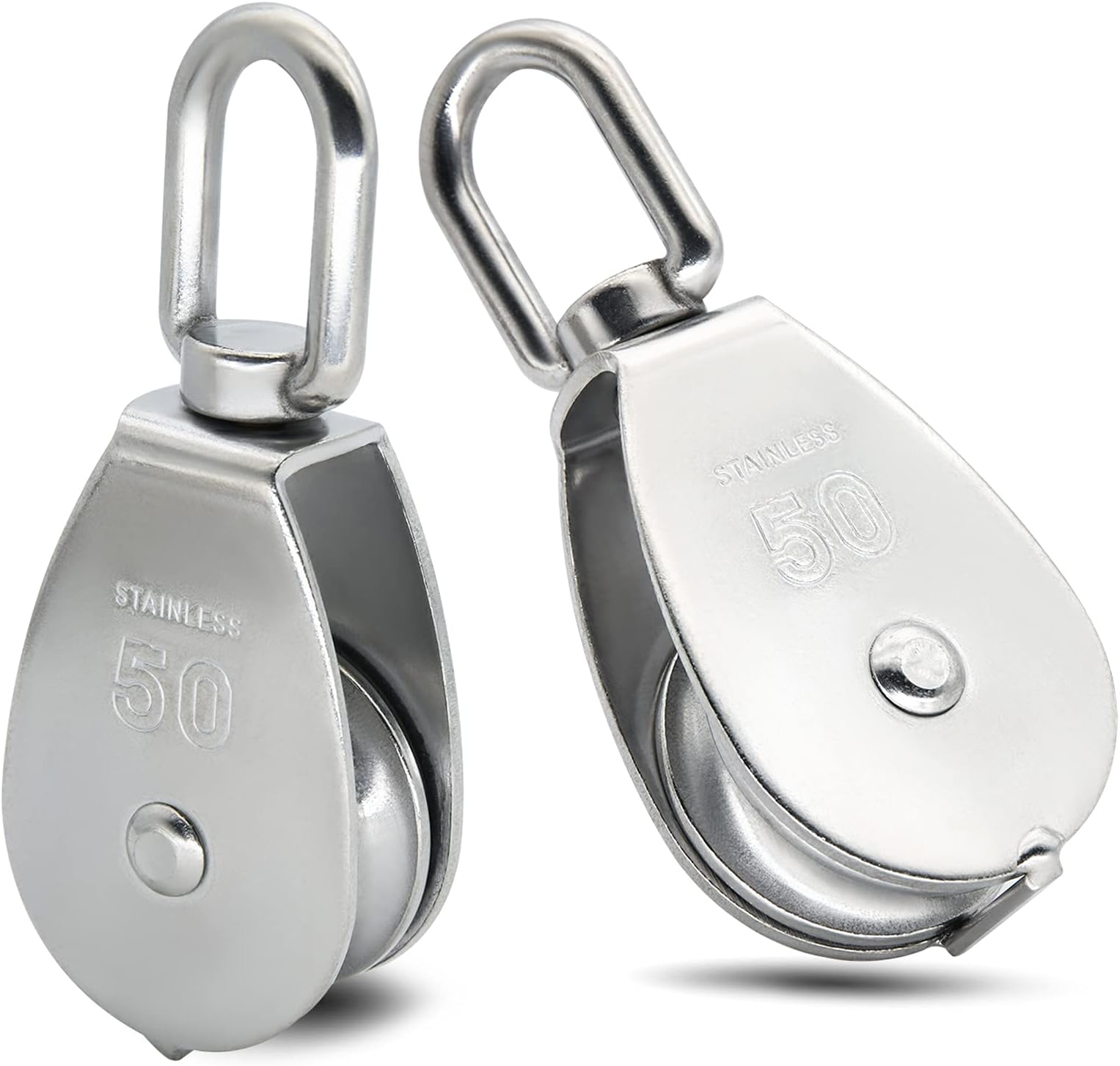 KIE M50 Single Pulley Block, 2 Pack Heavy Duty 304 Stainless Steel Pulley Roller, Pulley Crane Swivel Hook, Wheel Swivel Rigging Lifting Wheel Fixed Pulley for Wire Rope Loading 882lbs400kg