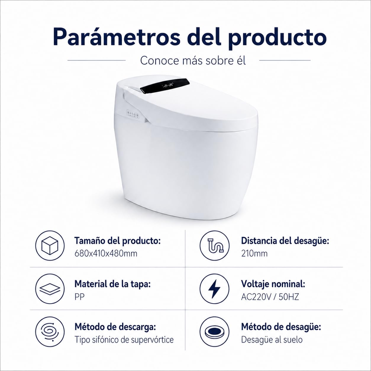 Inodoro Inteligente Completo | WC con Bidet y Secado | Diseño sin Cisterna | Lavado Trasero y Femenino | Apertura Cierre y Descarga Automática | Sensor Presencia | Asiento Calefactable | 100S