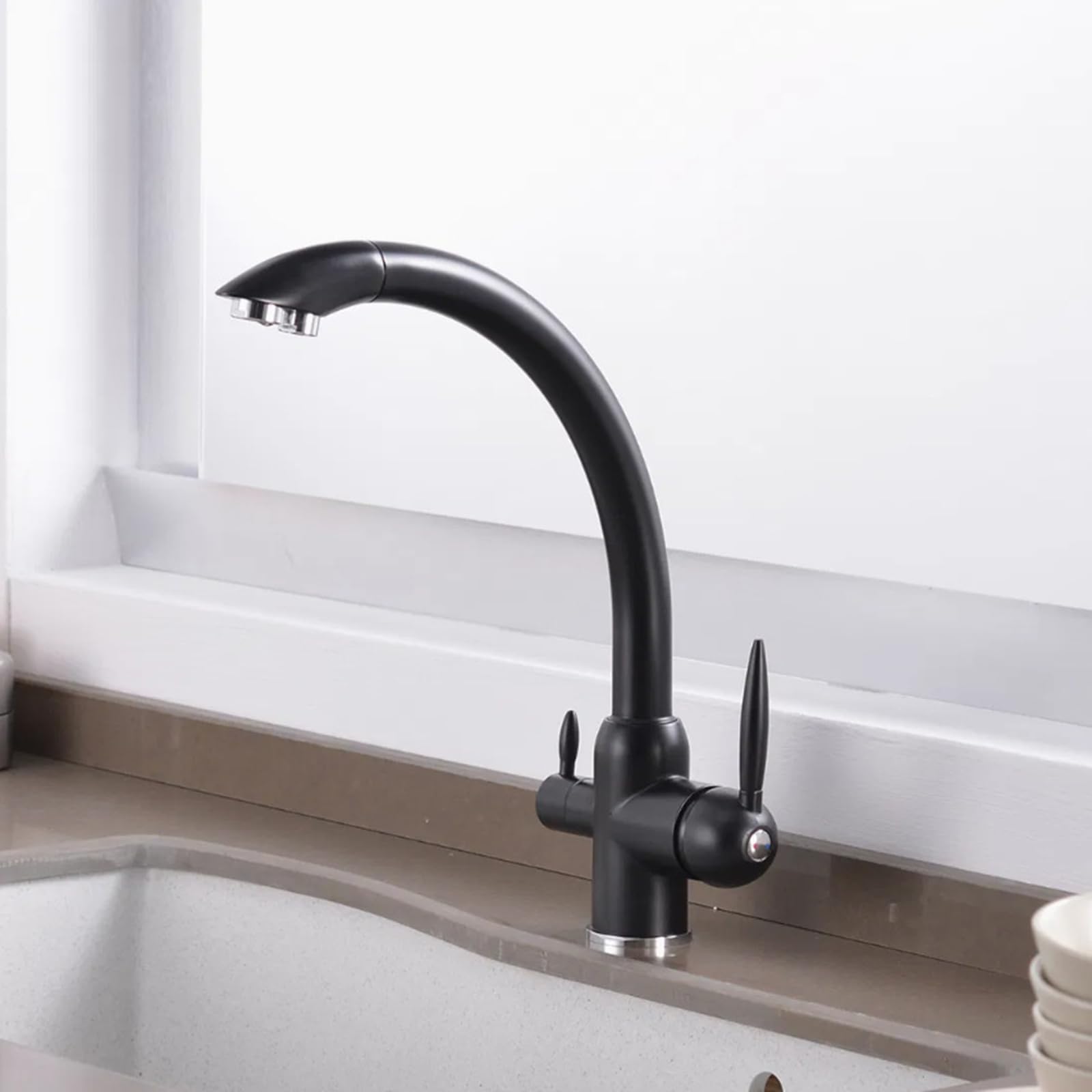 3 Way Kitchen Mixer Tap Swivel Hot and Cold Pure Water Taps Brass-Black