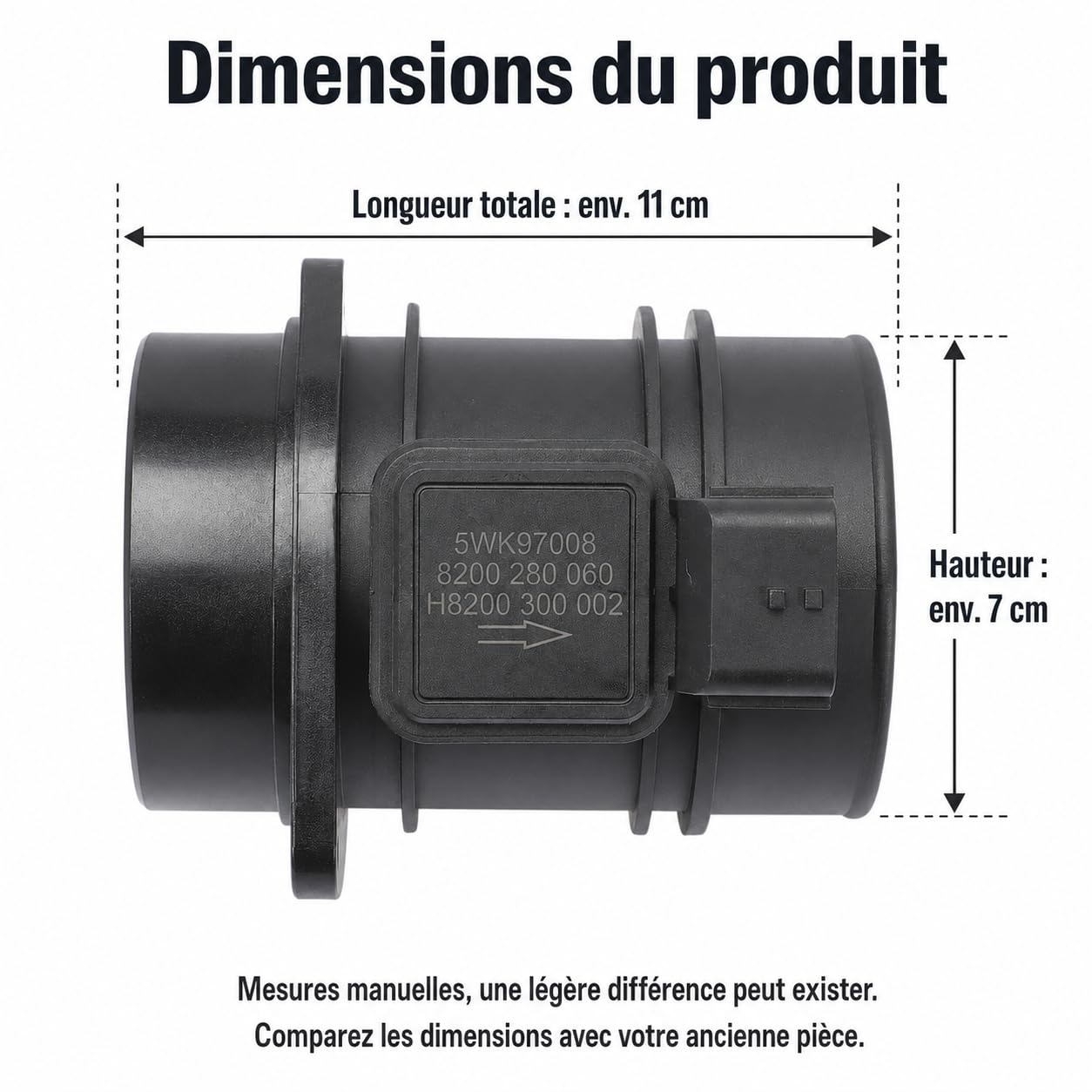 Débitmètre de Masse d’Air 5WK97008Z Compatible avec Renault Kangoo Mégane Scénic Trafic Master, Opel Vivaro Movano, Nissan Interstar Qashqai, 8200280060 H8200300002