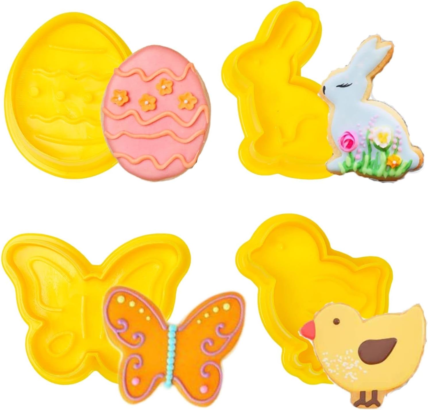 KAISHANE 4 PCS Easter Cookie Cutter Set - Egg,Rabbit,Butterfly,Chick Shapes Plunger Biscuit Cutters for Cake Fondant