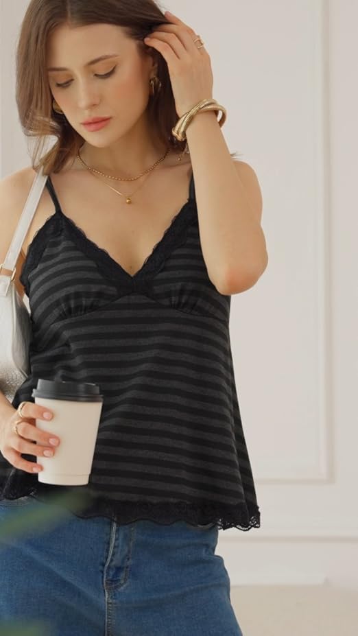 SOLY HUX Women's Lace Trim Tank Top - V Neck Sleeveless Camisole With Contrast Lace Detail