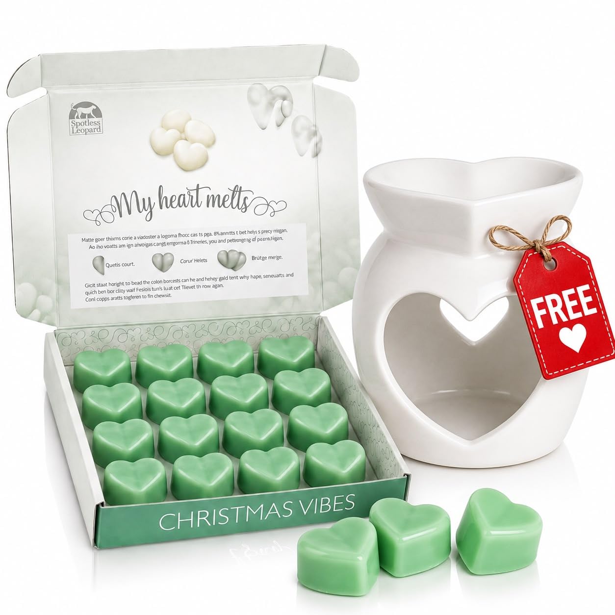 Christmas Vibes Wax Melts Gift Set with Free Ceramic Burner Included, 16 Heart Shaped Wax Melts, Warm Spiced Festive Fragrance, Eco-Friendly Wax, Deluxe Gift Box by Spotless Leopard — image 1