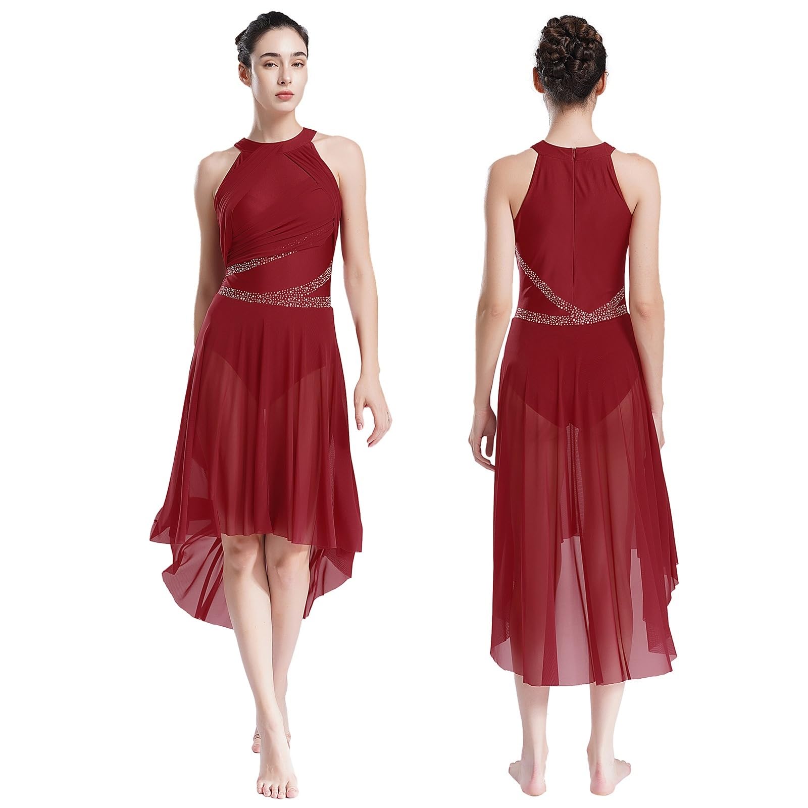 Kostüme für Lyrischen Tanz Ballett Lyrical Zeitgenössisches Tanzkleid Neckholder Mesh Gymnastik Trikot Strass gerüscht Performance Kostüm Damen