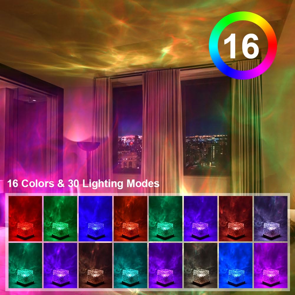 URAQT Luce Notturna con Increspatura dell'acqua, 16 Colori 30 Modalità, Luce Notturna 3D Rotante Dinamica don Increspatura dell'acqua, con Telecomando, Decorazioni per Camera da Letto/Regali di Natale