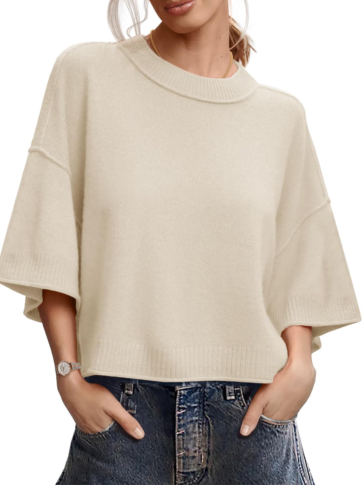 Womens Spring Sweater Cropped 2026 Fashion 3 4 Short Sleeve Casual Crewneck Knit Tops Loose Lightweight Pullover