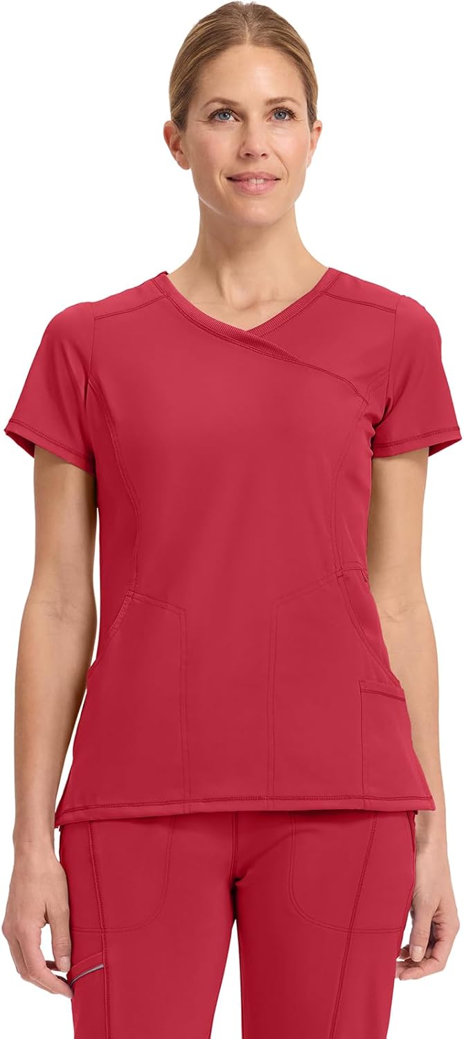Cherokee Infinity Womens Mock Wrap Scrub Top, 4 Pockets, Rib-Knit Panel, Moisture-Wicking 360° Stretch - 2625A