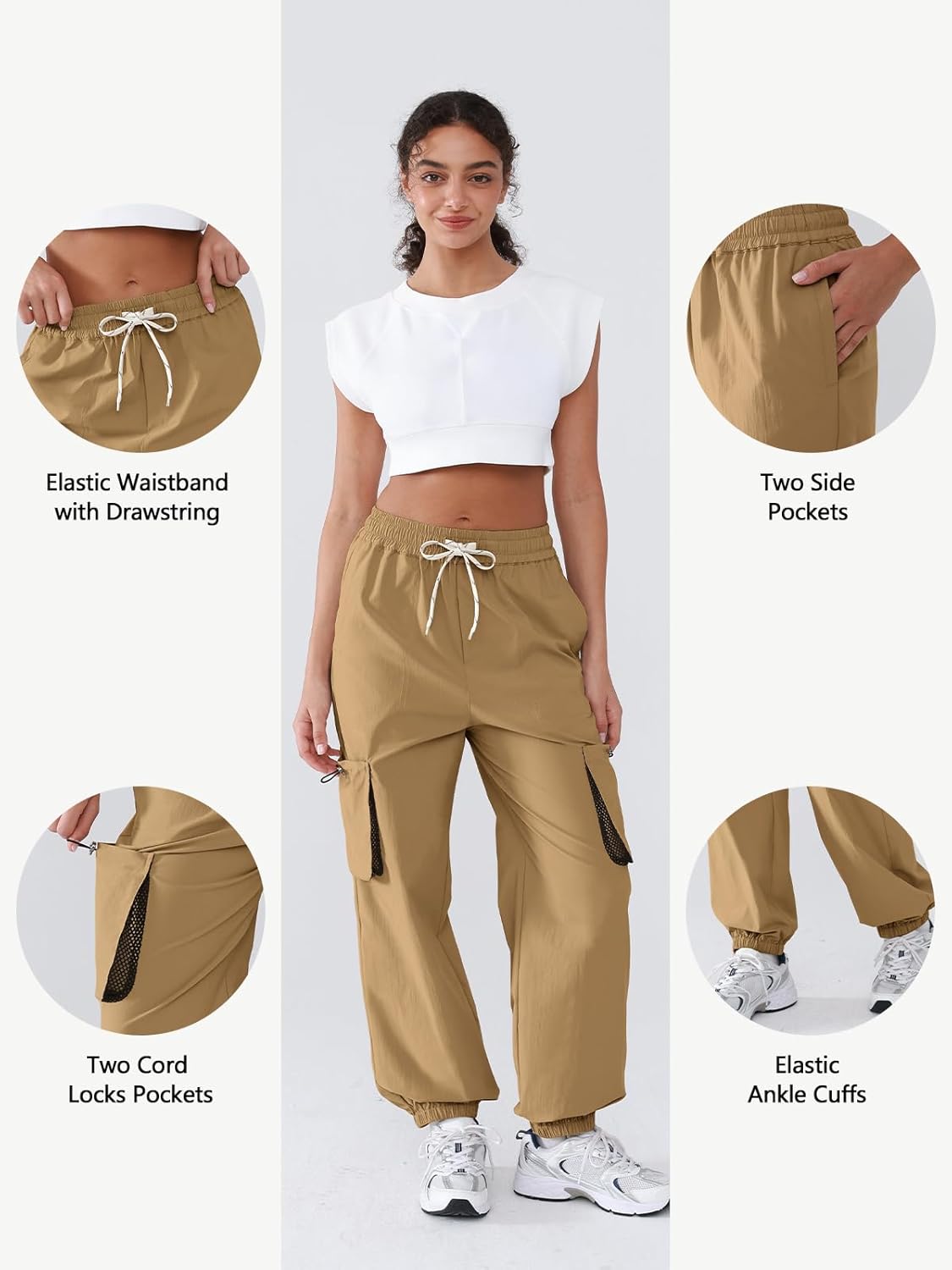 Women's Parachute Cargo Pants Quick Dry Lightweight Hiking Pants with 4 Pockets Water Resistant Travel Casual - Image 4