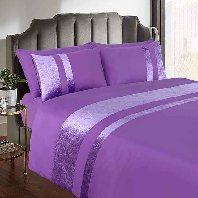 Casabella Luxury Crushed Velvet Panel Band Duvet Cover Sets with Pillow Case Double Duvet cover Bedding Set  Purple Crush Velvet Double Duvet Cover Sets