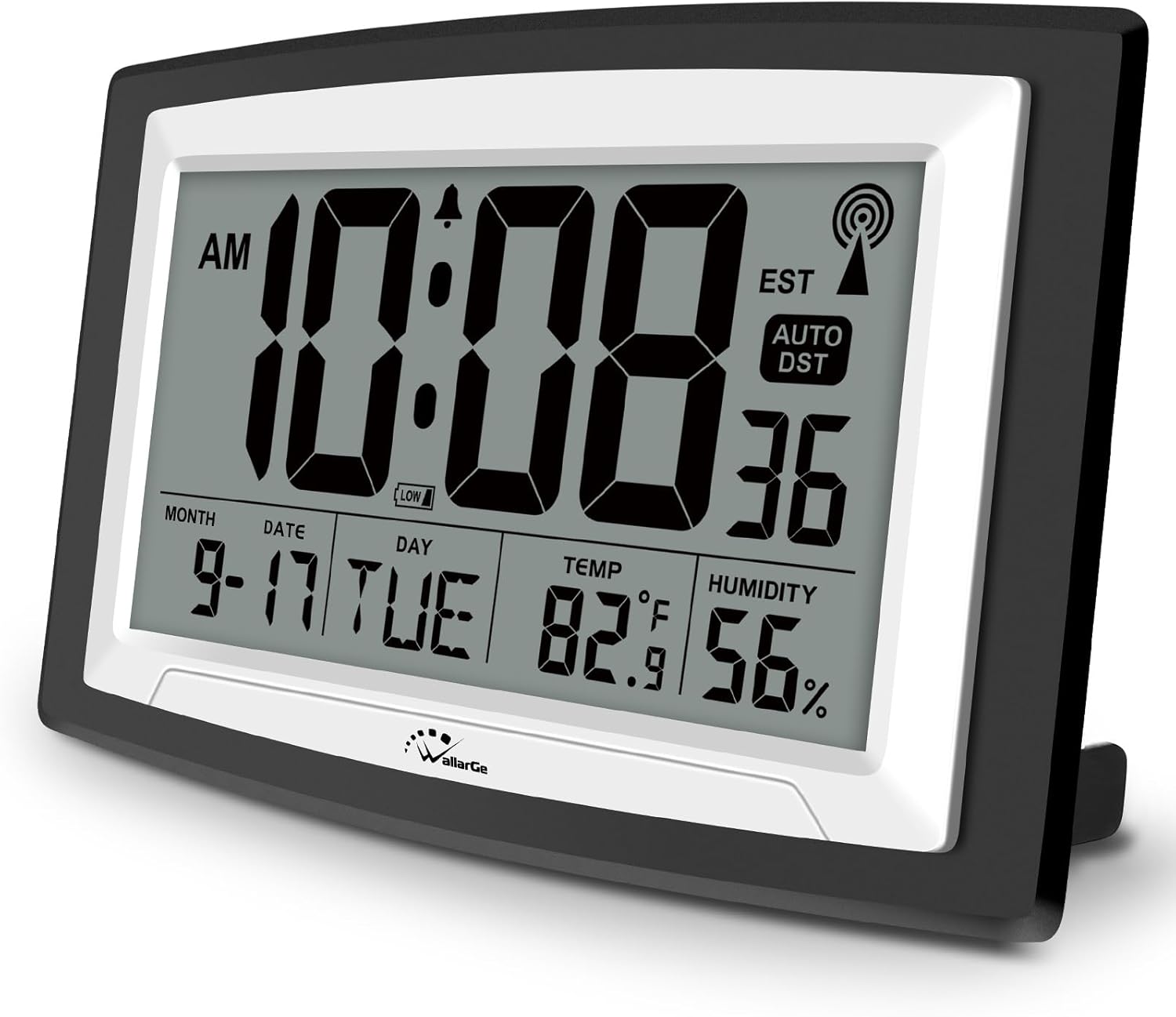 WallarGe Atomic Clock with Indoor Temperature and Humidity, 12.5 Inch Self-Setting Digital Wall Clock or Desk Clock, Battery Operated Digital Clock Large Display for Seniors, Auto DST