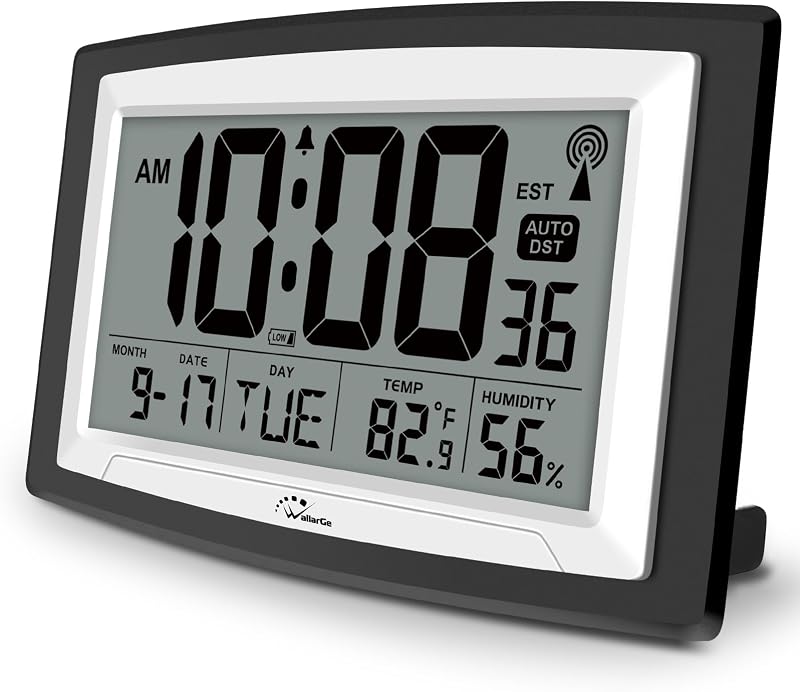 Reloj atómico de 12,5 pulgadas con temperatura y humedad interiores | Reloj digital de pared o escritorio con pilas, horario de verano automático, pantalla grande para personas mayores, autoconfigurable, para aula, garaje, oficina