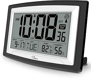 WallarGe Atomic Clock with Indoor Temperature and Humidity, 12.5 Inch Digital Wall or Desk Clock