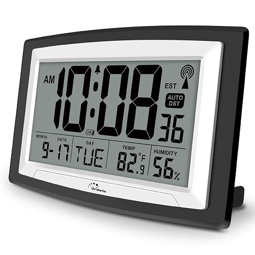 WallarGe 12.5 Inch Atomic Clock with Indoor Temperature and Humidity | Battery Operated Digital Wall or Desk Clock, Auto DST, Large Display for Seniors, Self-Setting, for Classroom, Garage, Office