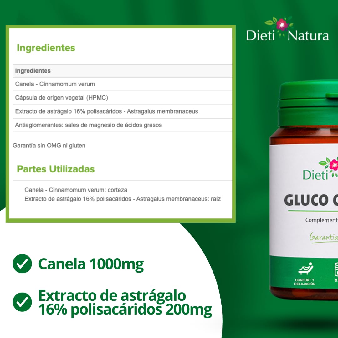 Gluco Complex Dieti Natura - 200 Cápsulas para Estabilizar el Azúcar en Sangre - Suplemento Natural con Canela y Astrágalo - Apoyo para una Vida Saludable y Control de la Glucosa por 3 Meses