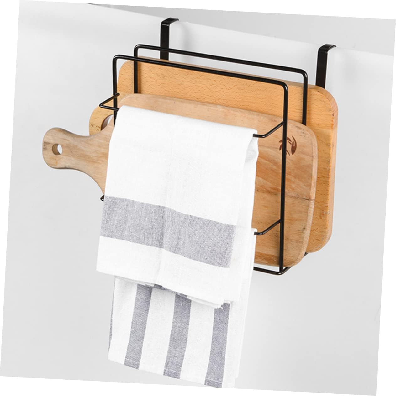 2Pcs Black Wrought Iron Chopping Board Rack Double Layer Wall Hanging Shelf for Kitchen Storage Organizer Punch Design with Towel Bar for Easy Access and Air Drying