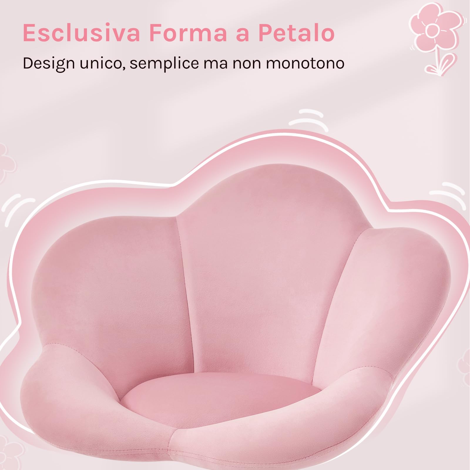 WOLTU Sedia da Scrivania per Bambini, Sedia Ufficio Ergonomica Girevole e Regolabile in Altezza con Rotelle, Seduta a Forma di Fiore per Studio, Camera da Letto, Velluto, Rosa Pastello