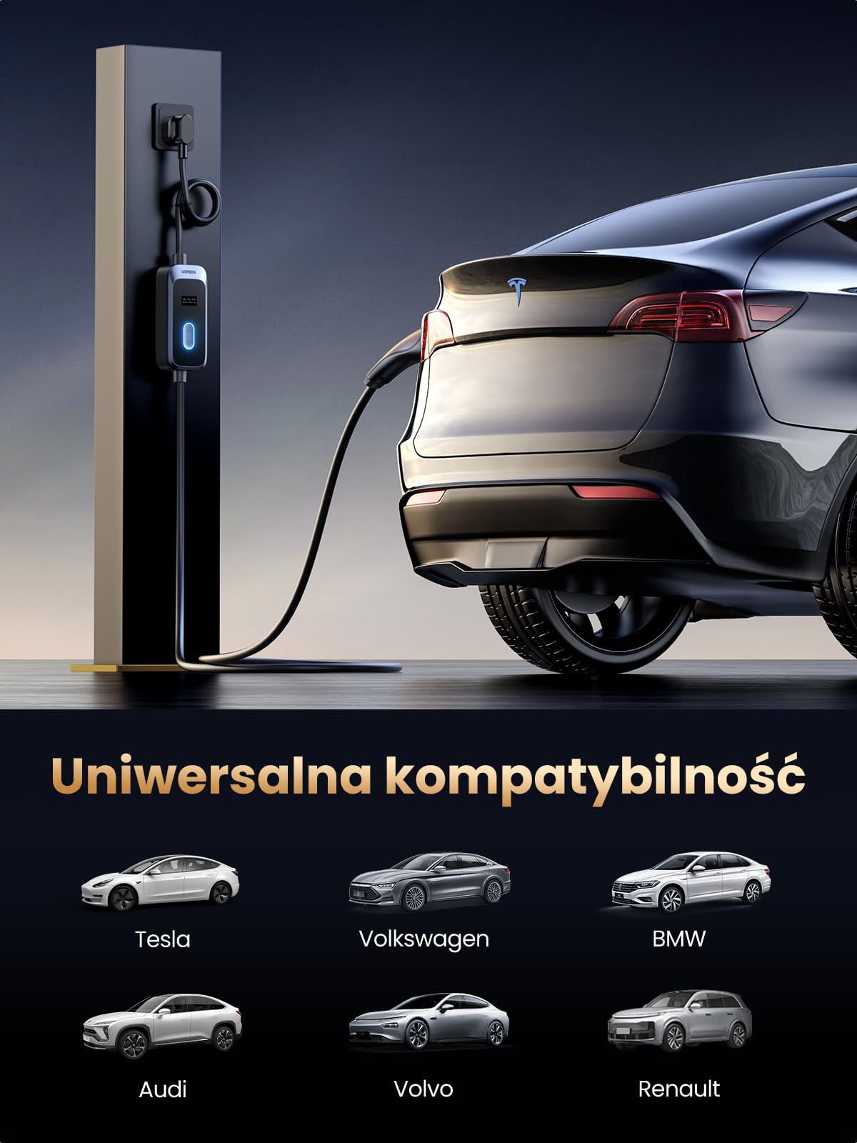 UGREEN Przenośna ładowarka EV, przenośna domowa stacja ładowania EV o mocy 3,5 kW, kabel ładujący EV 16 A, ładowarka samochodowa EV z ekranem do wszystkich pojazdów elektrycznych, 5 metrów.