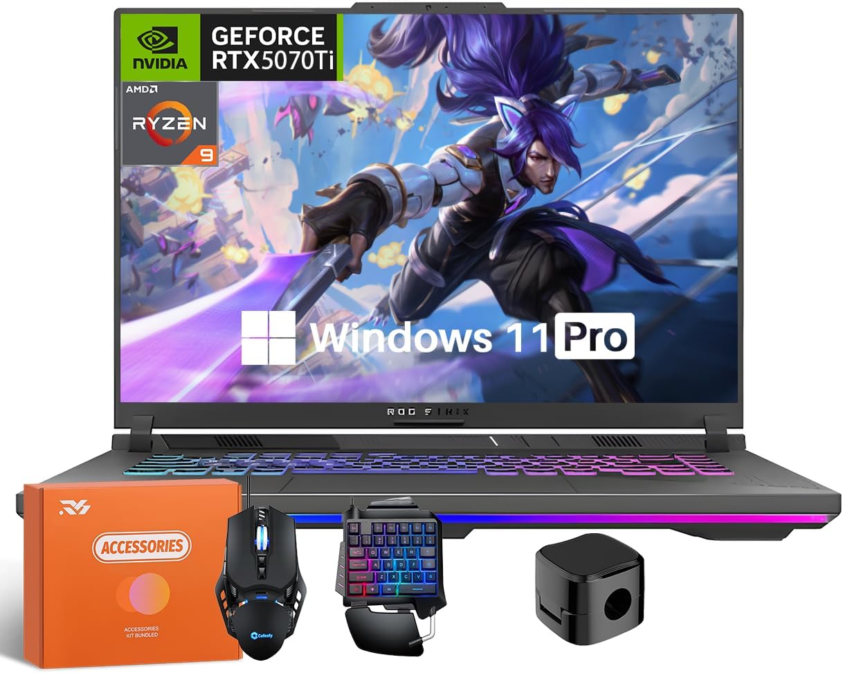 ASUS ROG Strix G16 Gaming Laptop, GeForce RTX 5070 Ti 12GB GDDR7, AMD Ryzen 9 8940HX Processor(Up to 5.3 GHz), 16" LED 165Hz WQXGA, 32 GB DDR5 RAM, 2 TB SSD, Backlit KB, Windows 11 Pro,w/Accessories