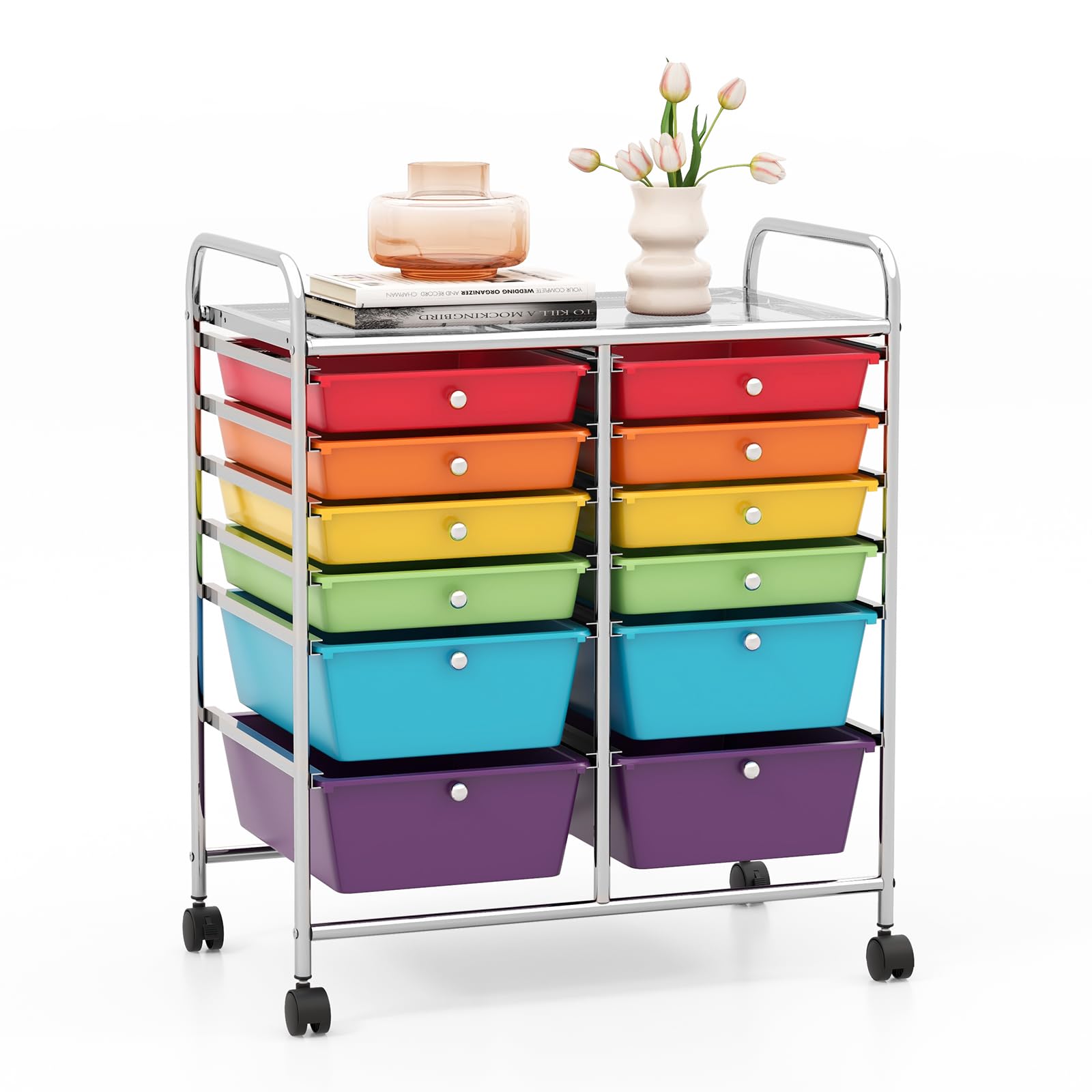 GYMAX Carrello Portaoggetti con Ruote, 12 Cassetti, Carrellino Organizzatore Salvaspazio, per Uffici, Parrucchieri, Studio, Soggiorno, 64 x 38 x 75 cm (Multicolore)