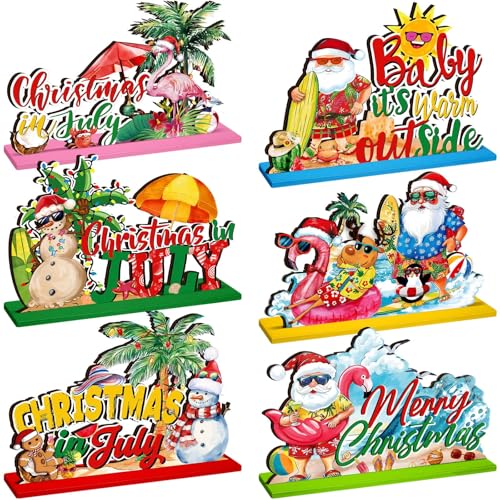 Image of Suzile 6 Pcs Christmas in July Table Decorations, Summer Christmas Table Centerpieces, Tropical Santa Snowman Tiered Tray Decor, Flamingo Surfboard Decor for Home Beach Party Hawaiian Ornaments