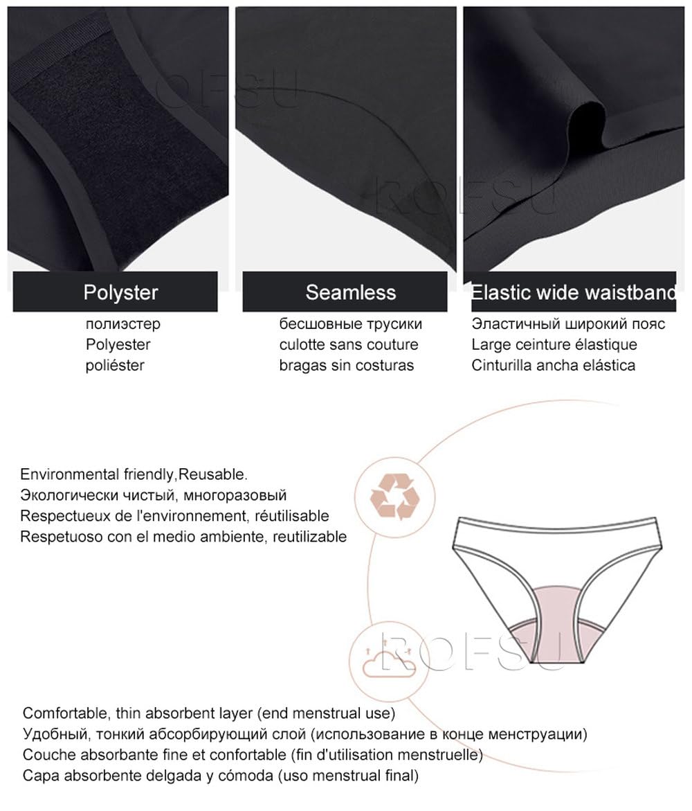 Ropa Interior para El Período para Mujeres Bragas Menstruales Sin Costuras Invisibles para Flujo Pequeño Bragas para El Período Que No Se Ven para adolescentes Y Niñas Paquete de 5 Negro Xl