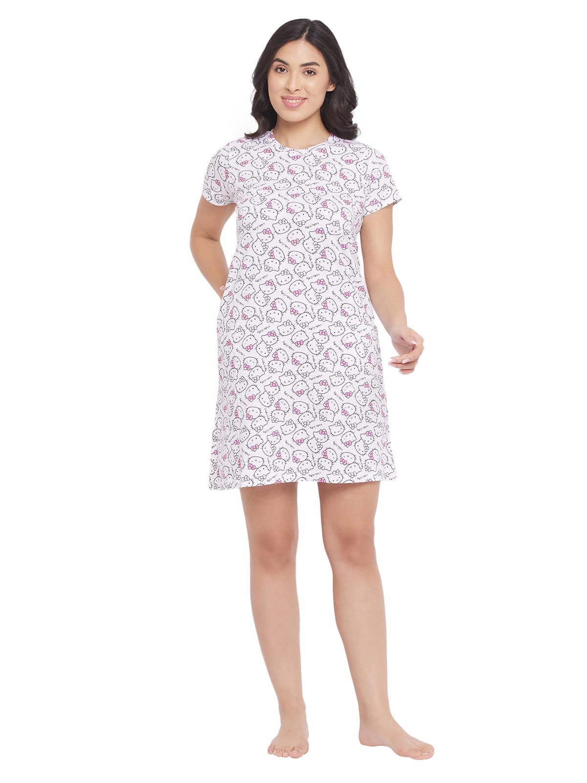 Women's Cotton Printed Short Nightdress in White