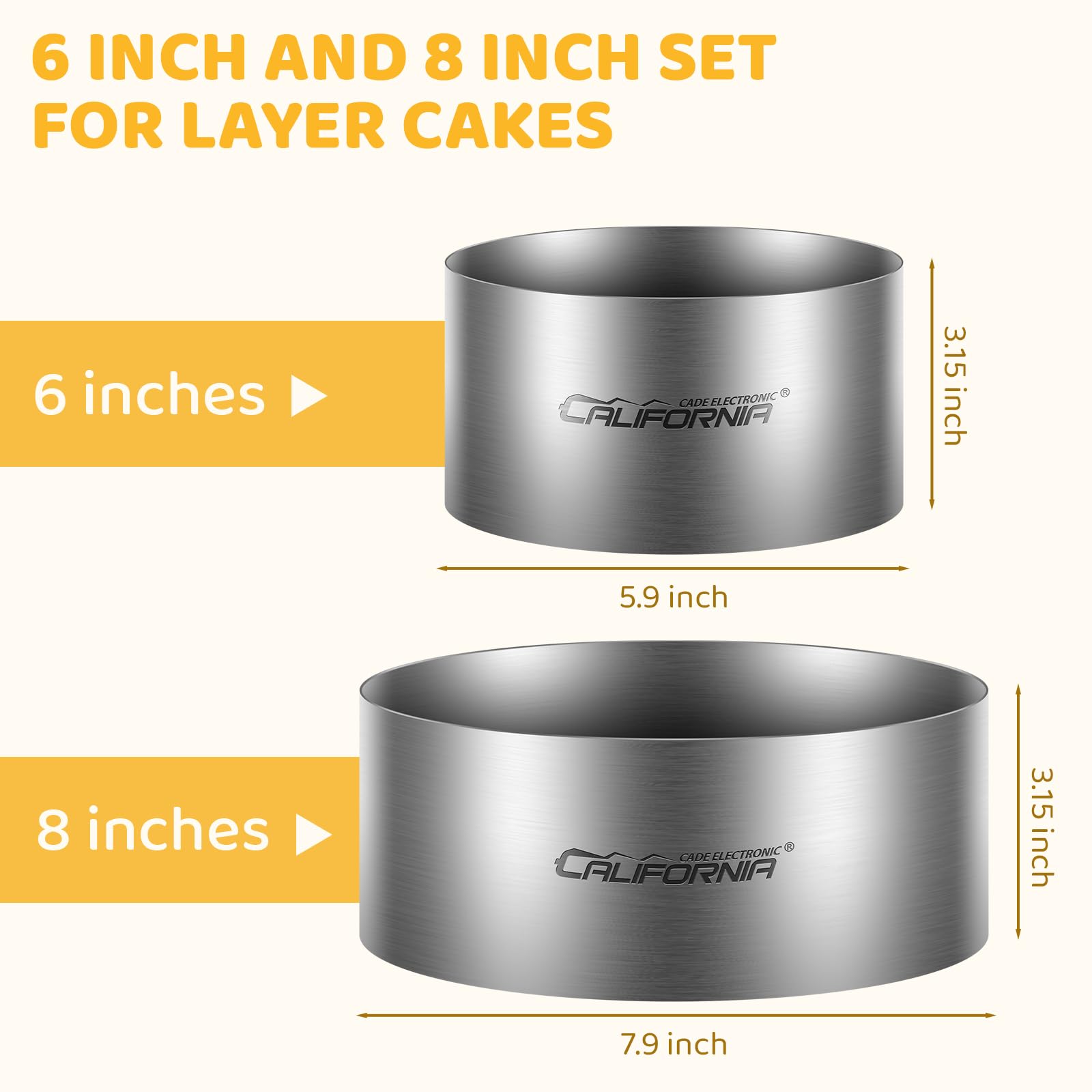 CALIFORNIA CADE ELECTRONIC Cake Mold-Cake Ring 2Pcs 6 inch & 8 Inch Cake Rings for Baking, Fixed Round Stainless Steel Cake Mold Ring for Mousse Cake Dessert Icing Decorating Supporting
