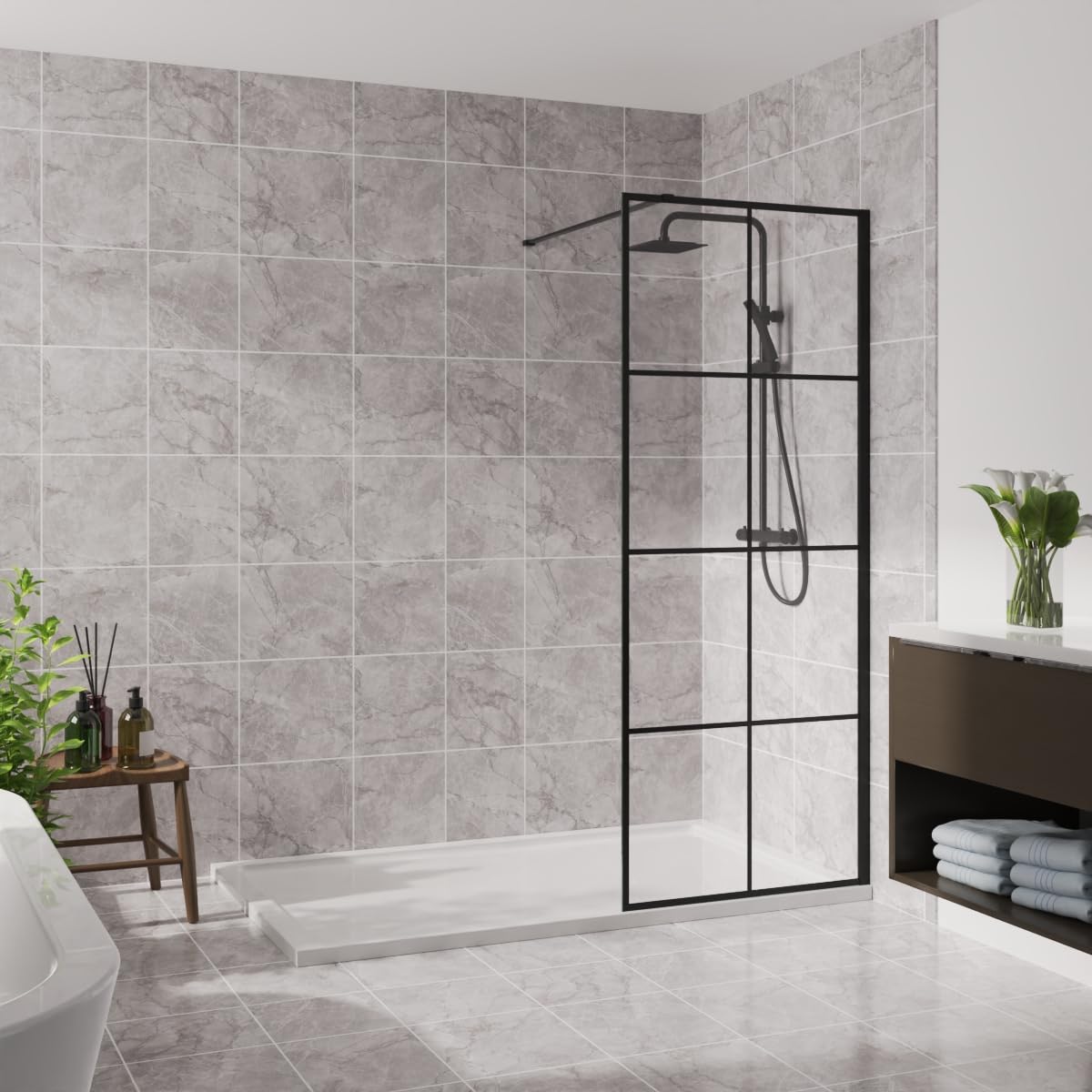 BlĂźmme 900mm Wetroom Screen Walk in Shower Enclosure Bathroom Screen Panel 8mm Easy Clean Glass Black Grid Framed