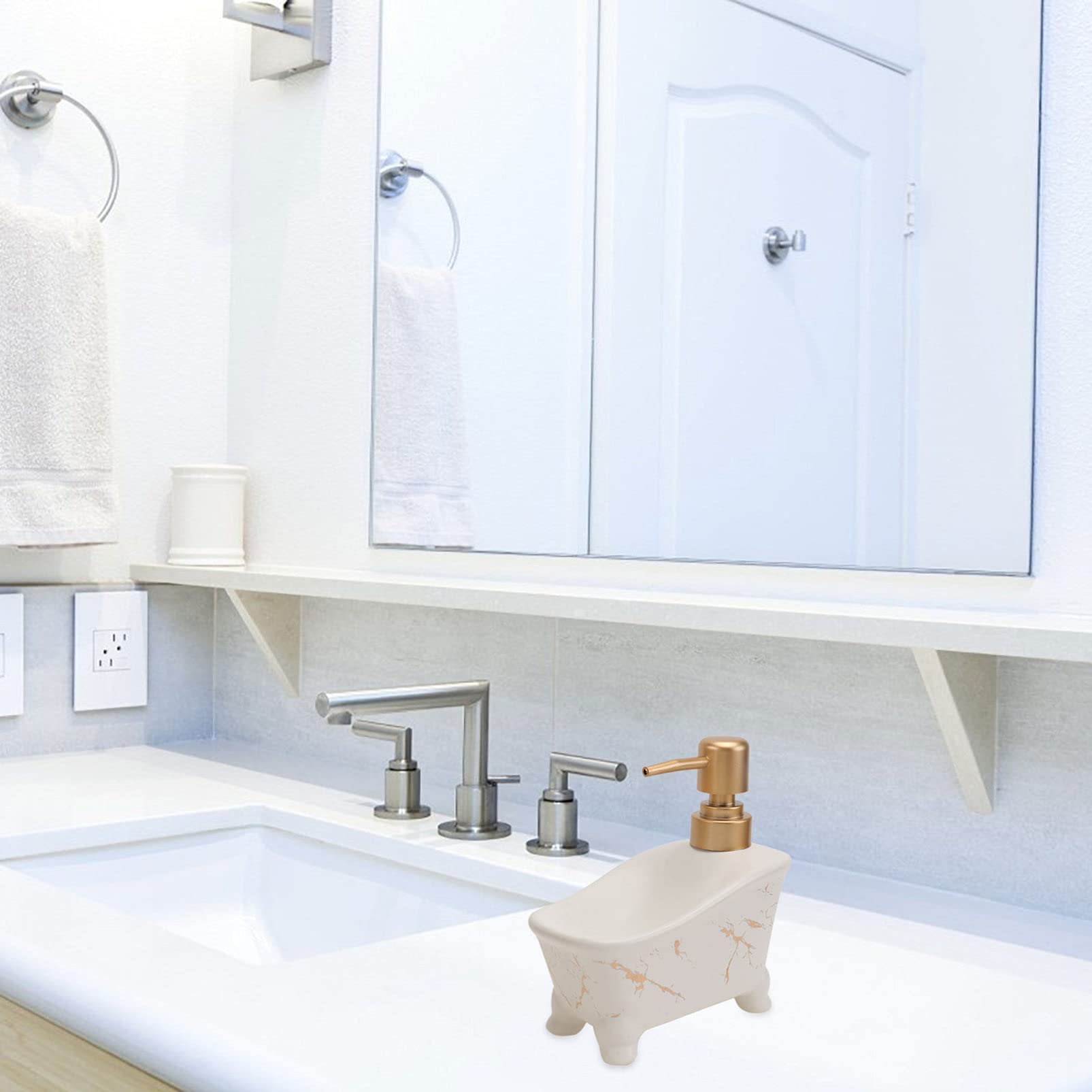 Flacone Vuoto Per Lozione a Pressione in Ceramica Bianca Effetto Marmo, Bottiglia Manuale Per Sapone Liquido e Shampoo Portasapone Integrato, Resistente e Antigoccia Per Bagno e Corpo