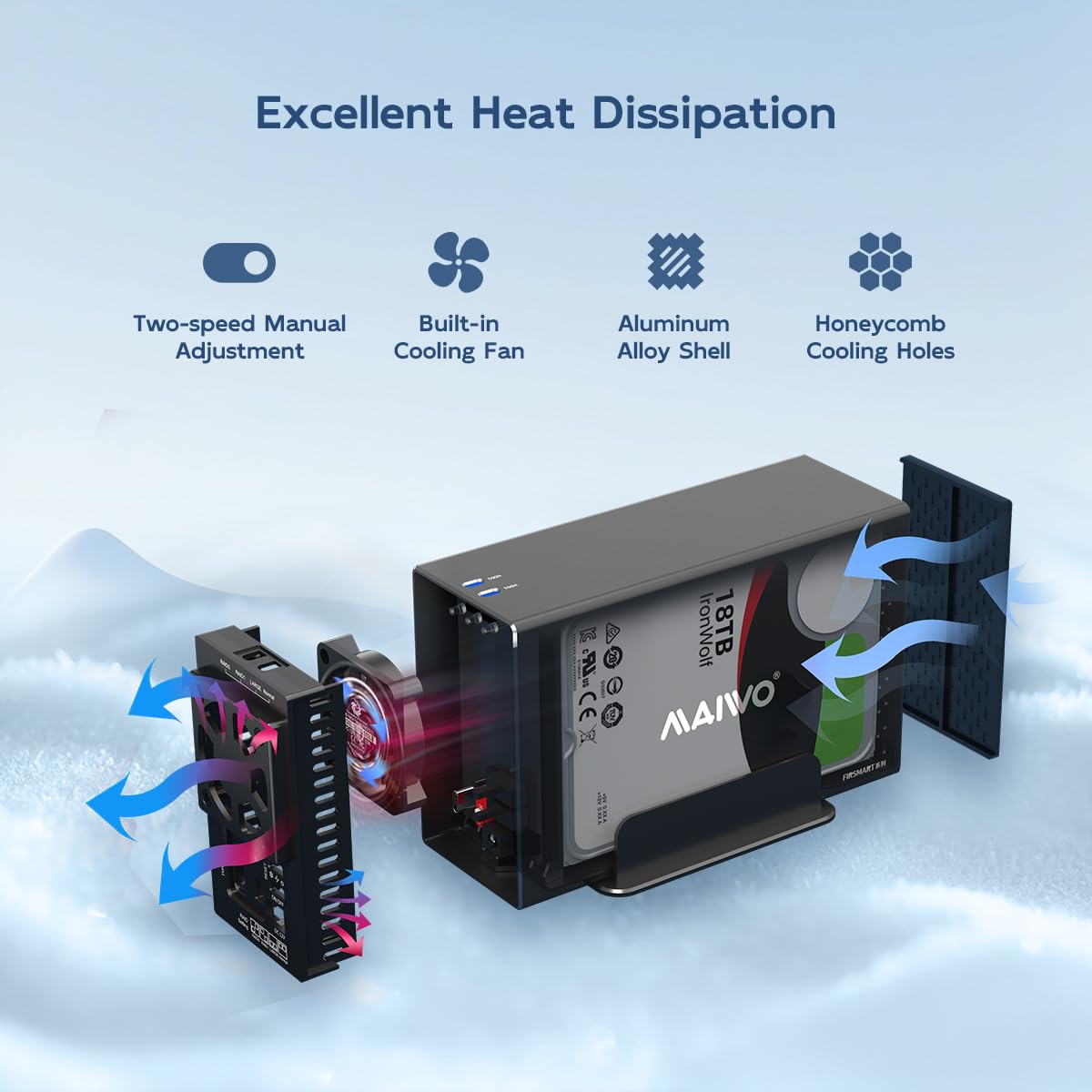 MAIWO Enclosure RAID per disco rigido a doppia baia con ventola di raffreddamento per SSD SATA da 2,5/3,5", alloggiamento HDD USB 3.0 da 5 Gbps, capacità 48 TB, RAID 0/1/JBOD/PM, custodia in alluminio