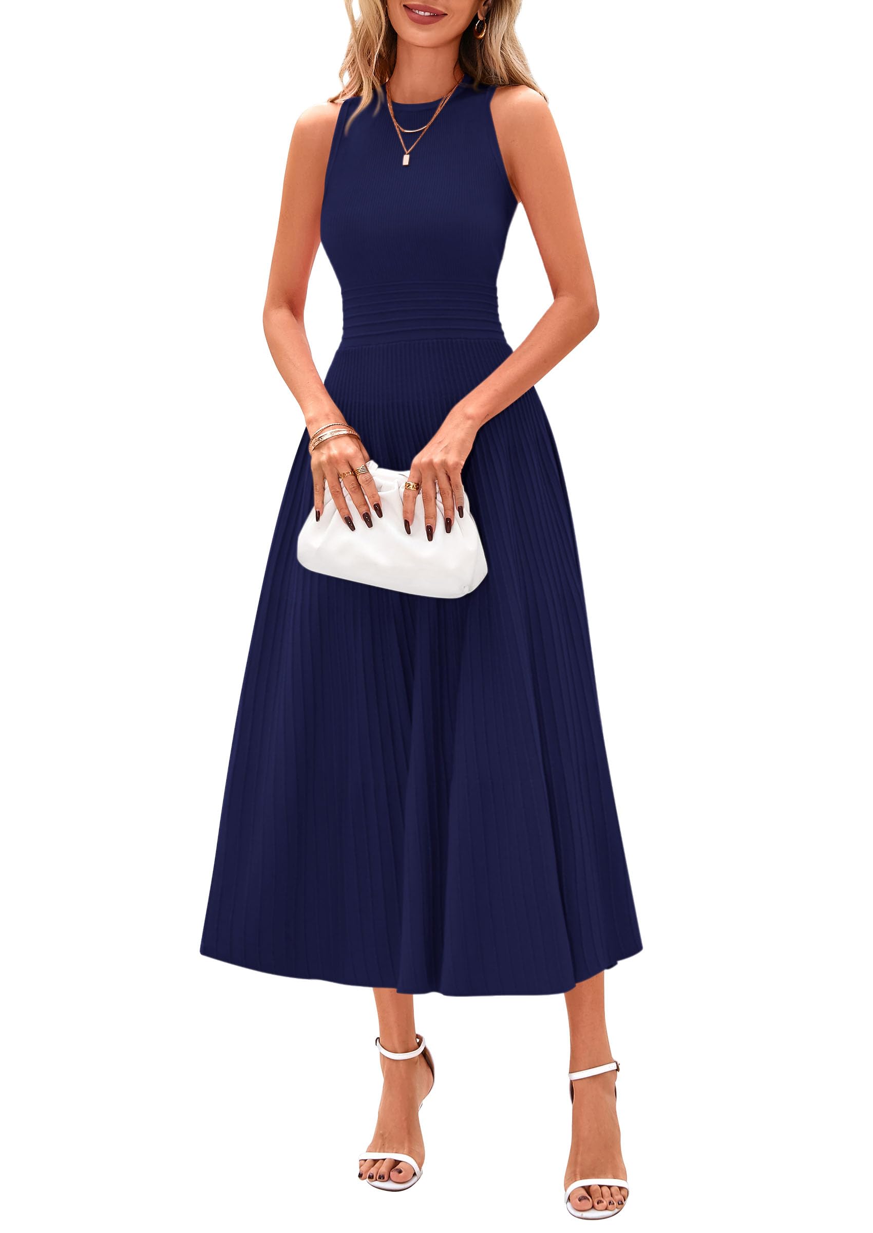 PRETTYGARDEN Spring Casual Dresses for Women 2026 Summer Business Work Midi Sleeveless A Line Pleated Cocktail Dress