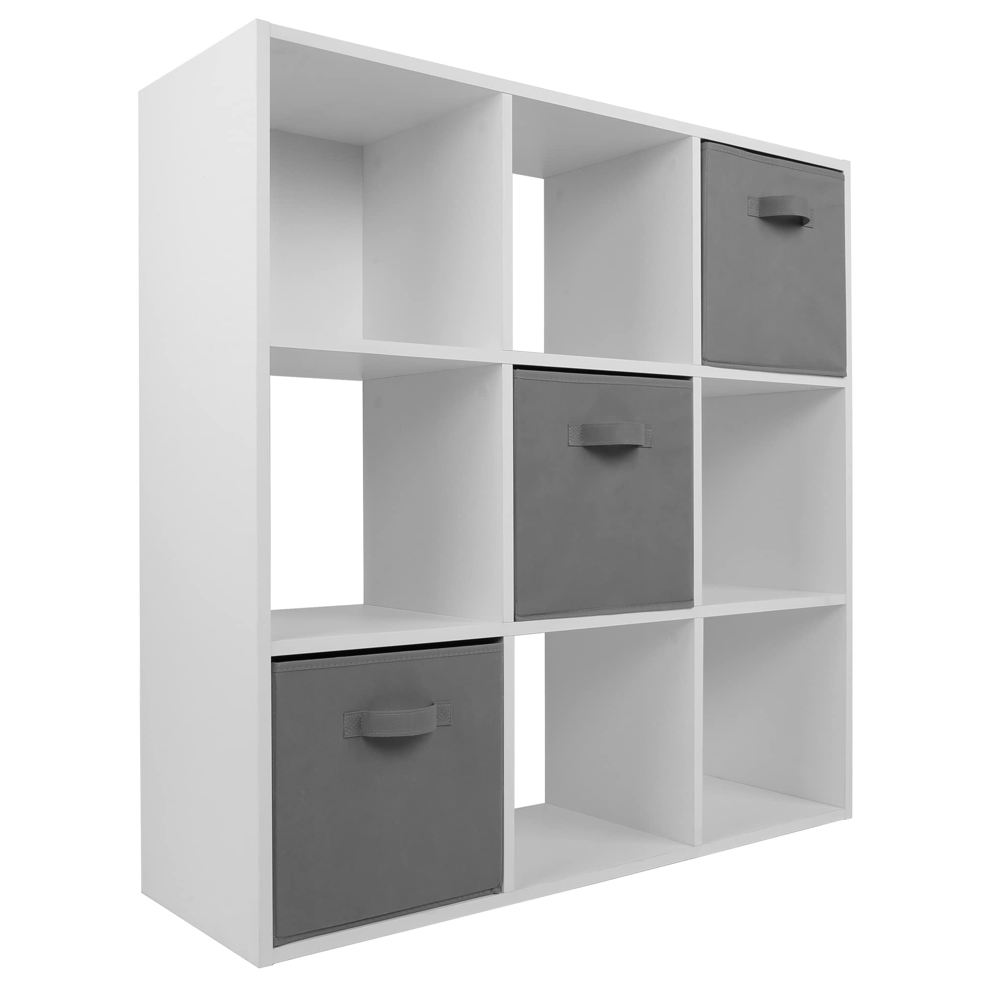 Charles Jacobs White 9 Cube Storage Shelving Unit + 3 Grey Fabric Drawers