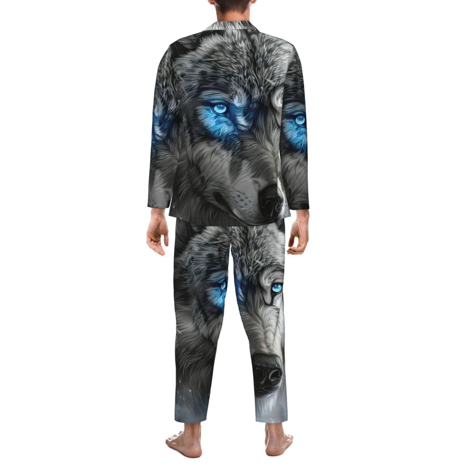Blue Eyes Lupo Stampa Uomo Manica Lunga Pigiama Set Due Pezzi Pantaloni Lounge Per Inverno Autunno Primavera Estate