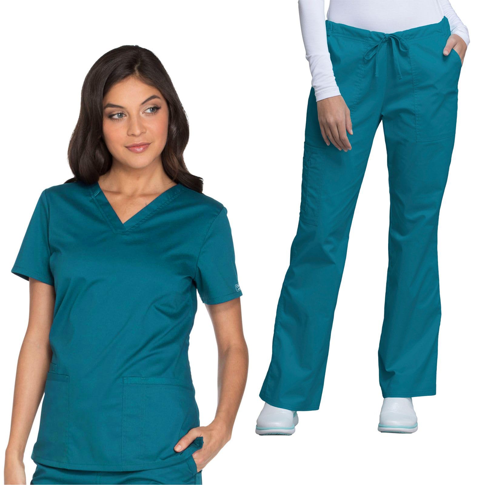 Cherokee Women's Scrub Set 3 Pockets V-Neck Top WW630 With 4 Pocket Mid Rise Drawstring Cargo Pant 4044