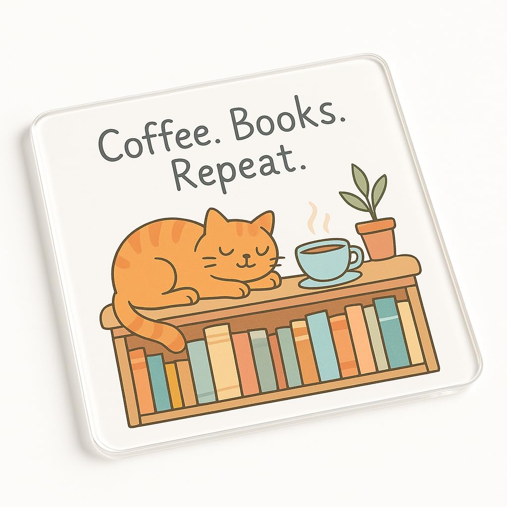Acrylic Coaster with Whimsical Bookshelf Cat Design - Charming Book Lover Gift for Cozy Reading Nook Aesthetic Bookish Gift