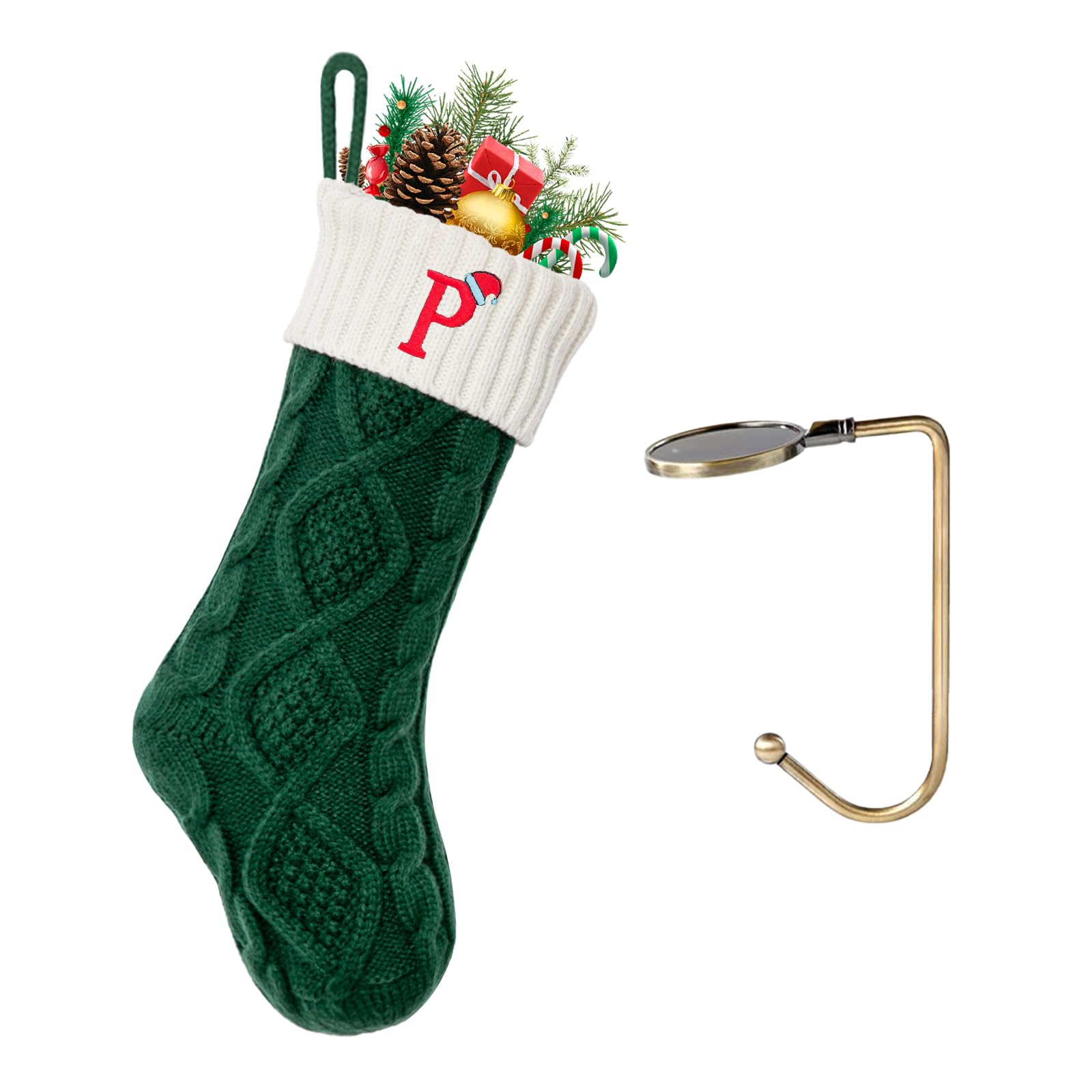 VRFASHION Christmas Stockings with Initials,Embroidered Xmas Stocking,18" Large Monogram Knitted Xmas Stocking,Christmas Party Fireplace Family Hanging Stocking Decoration 1Pcs Green-White Letter P