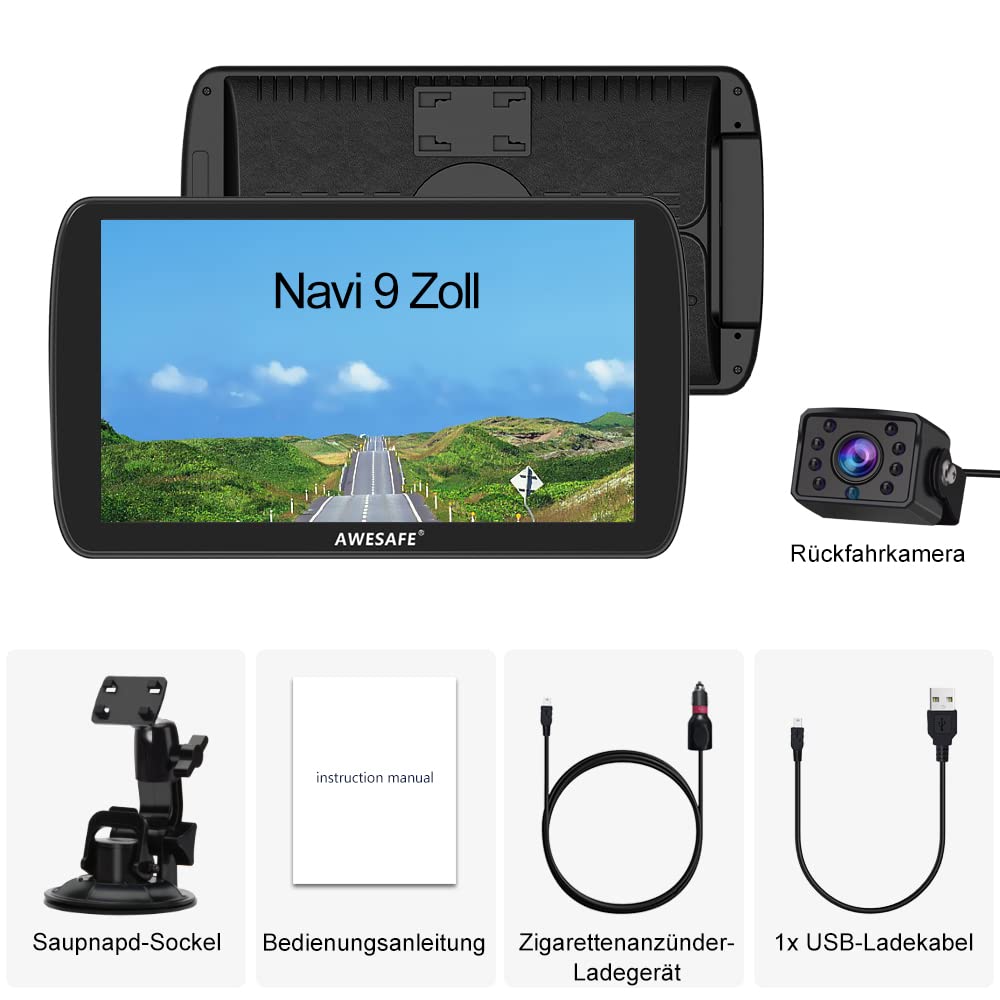 AWESAFE LKW Navi 9 Zoll Navigationsgerät mit Bluetooth und Rückfahrkamera, 2023 GPS Navigation unterstützt lebenslang Kartenupdate