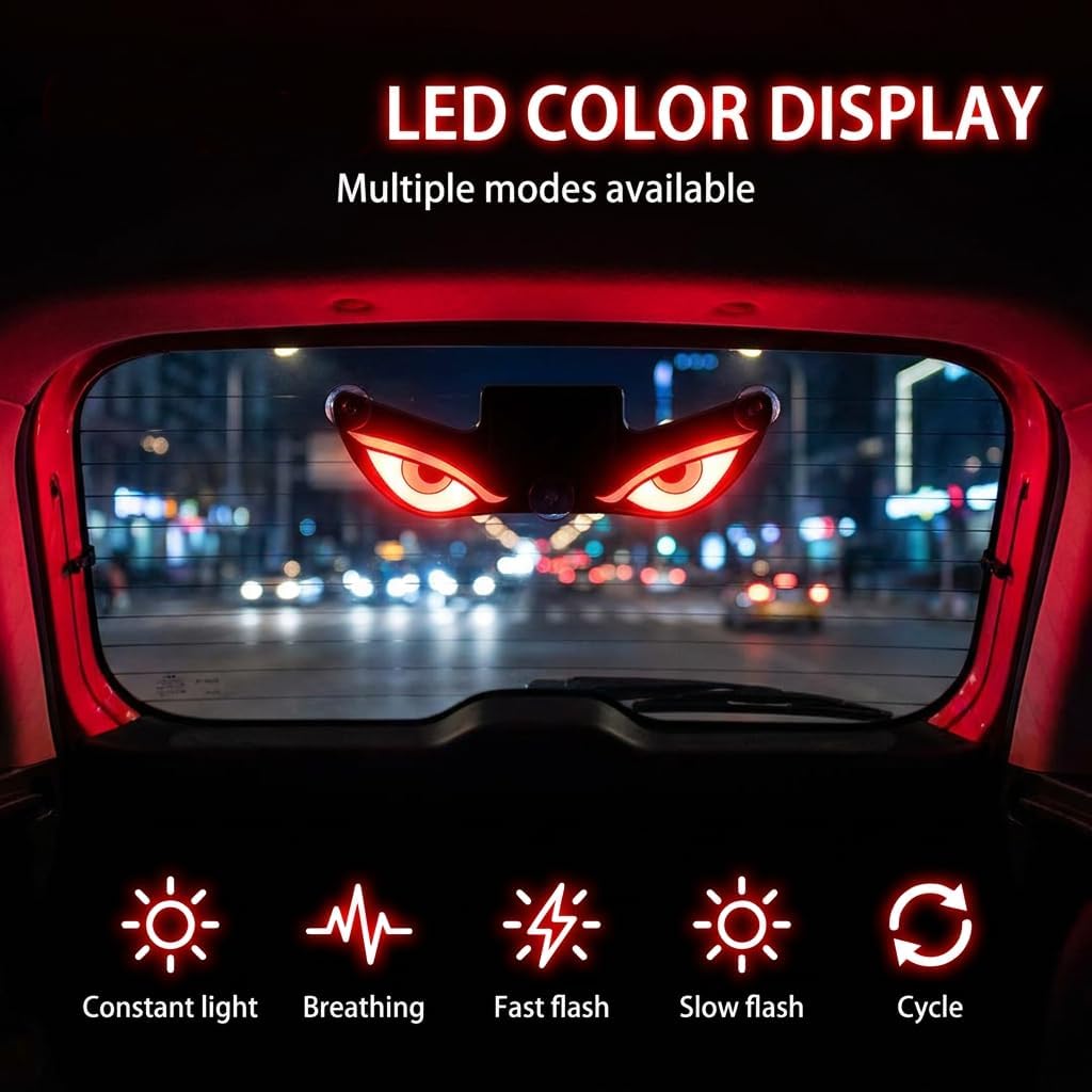 Solar Powered Devil Eyes Car Window Display, Animated Demon Eye Windshield Light, Wireless No-Drill Solar and USB Rechargeable Warning Eyes (red-White)