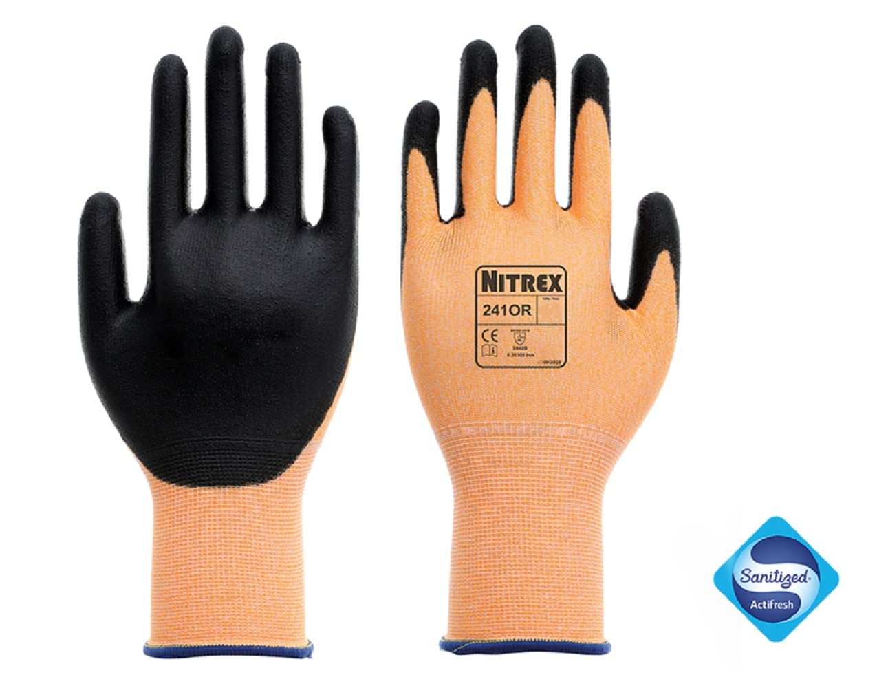 Unigloves Nitrex 241OR Lot de 10 paires de gants réutilisables résistants aux coupures basses, hygiène désinfectée, fonction de contrôle des odeurs, revêtement paume en polyuréthane, doublure en nylon