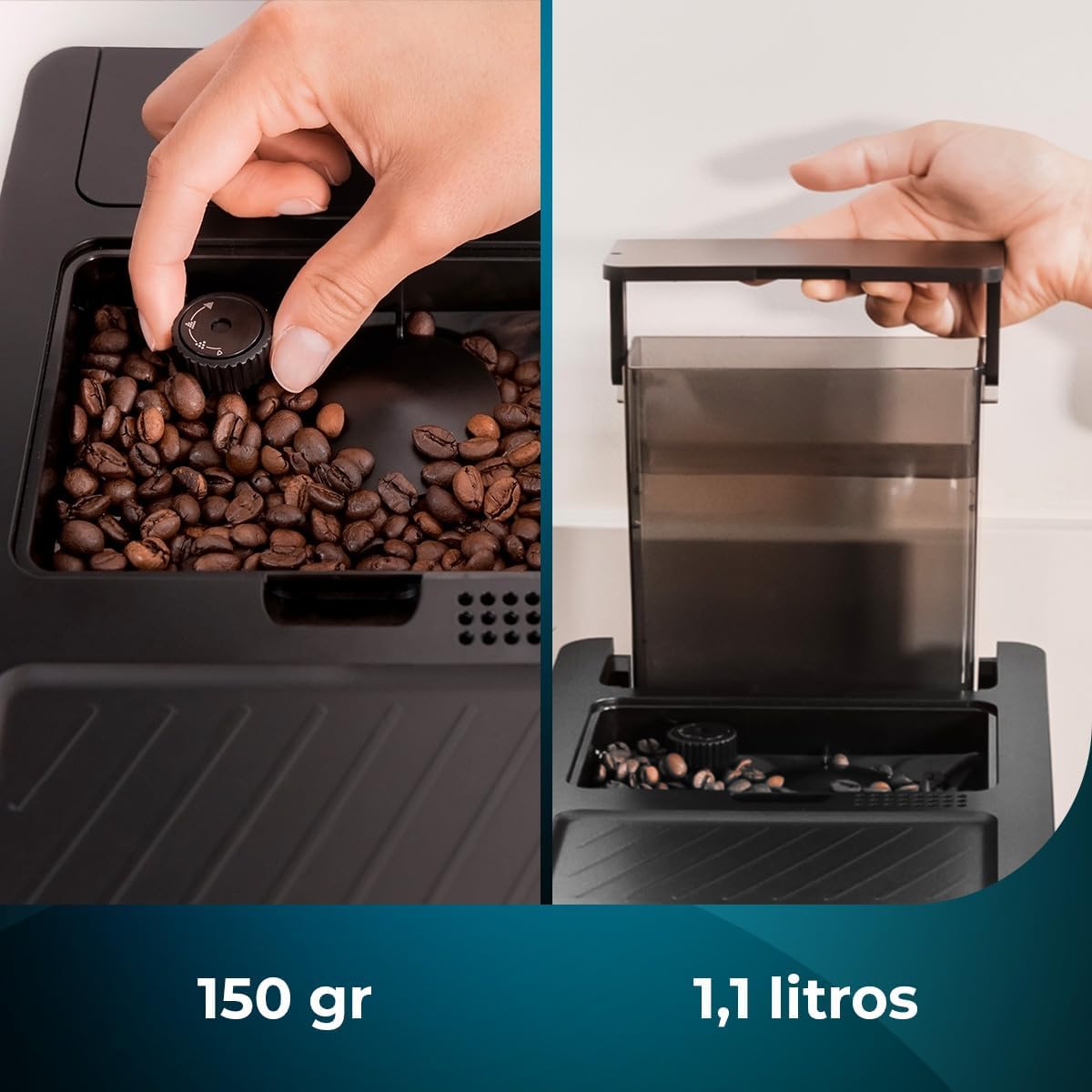 閉じる view Cecotec Cremmaet Compact Steam コーヒー マシンのコーヒー豆容器 (150g) と水タンク (1.1 リットル)。