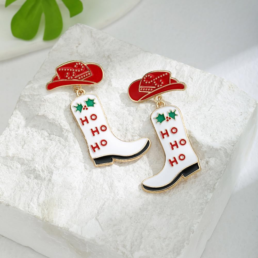Xmas Ho Ho Ho Western Cowboy Earrings for Women Cowgirl Hat Boot Dangle Drop Country Earring Costume Accessories Country Concert Party Outfits Jewelry Christmas Festive Stocking Stuffer - Image 6