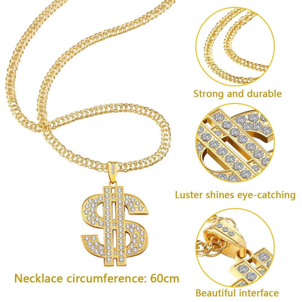 Set Accessori Rapper Costume Hip Hop Collana e Anello con Segno del Dollaro Bracciale in Oro Rapper Cappello e Occhiali da Sole Anni '80 '90 Accessori per Rapper