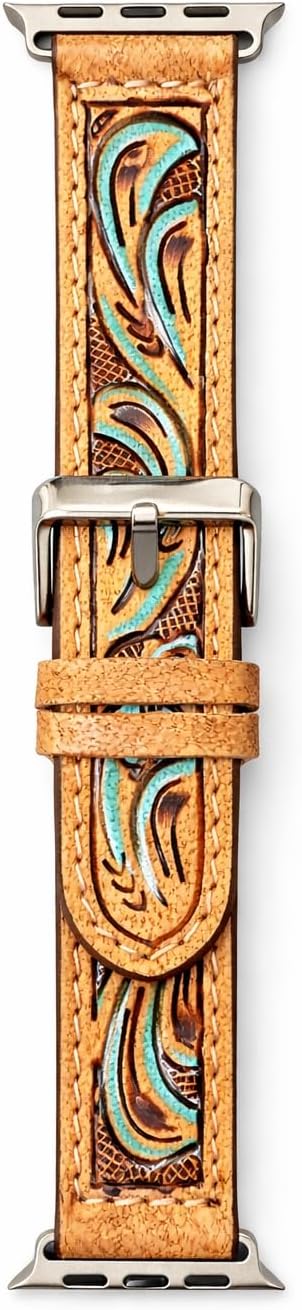 Hand Tooled Western Leather Band for Apple Watch, Hand Painted Genuine Leather Strap, Compatible with Apple Watch Series 1–10, Ultra & SE, 38/40/41mm & 42/44/45/46mm, 6.5–8 Inch Wrist