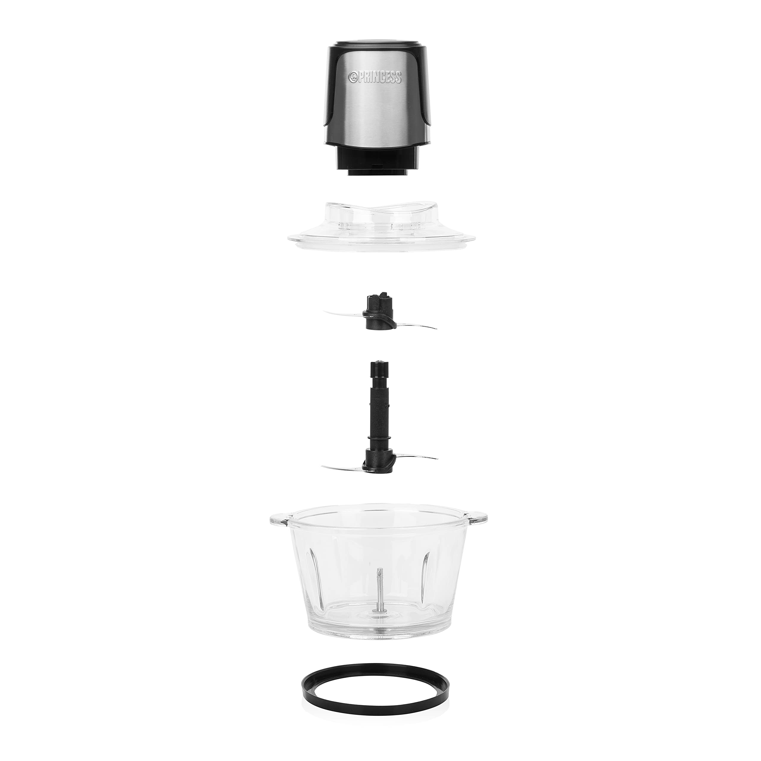 Princess 221052 Picadora eléctrica de alimentos Duo XL, 4 Cuchillas de Acero Inoxidable, Bol de Vidrio con indicador de nivel de 1.5 L, picadora de cocina para carne, verdura, fruta y hielo, 300 W