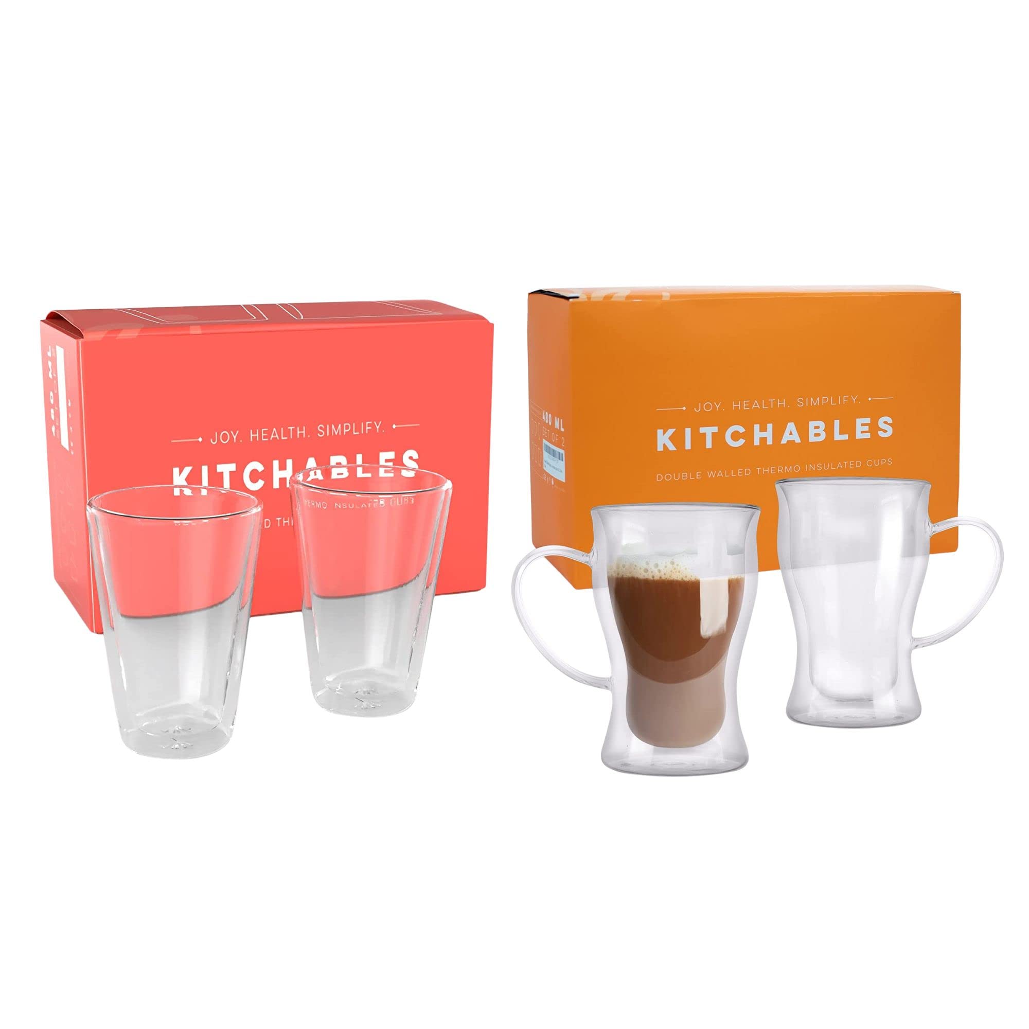 Kitchables Insulated Double Walled Glass Coffee Mugs Bundle of 2, 16oz with Handle and Without Handle